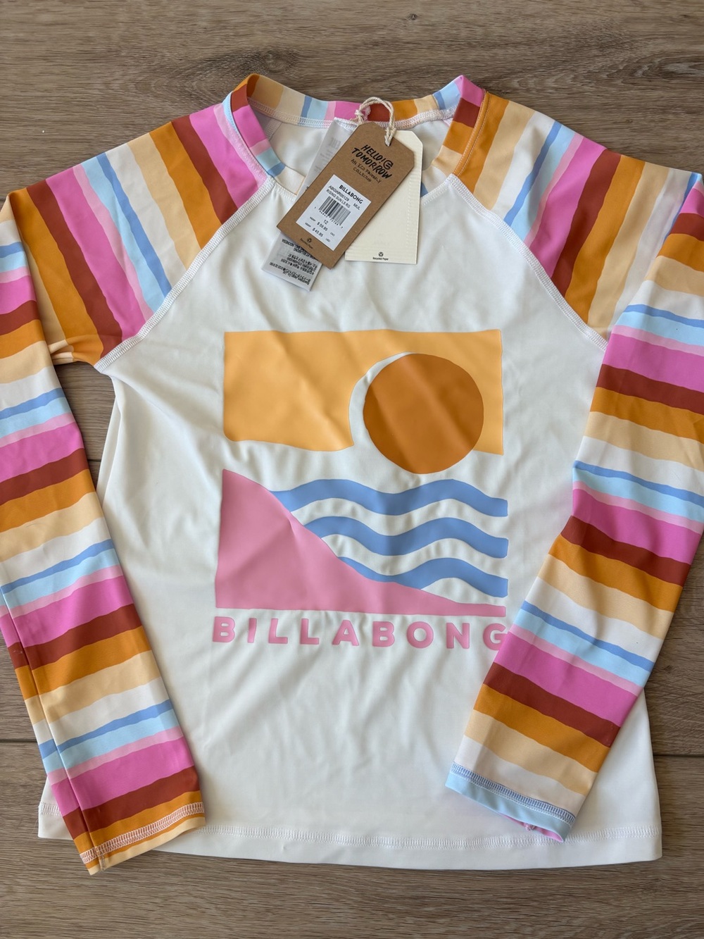 Billabong Cream Rashguard with Pink, Mustard, Blue & Orange Stripes